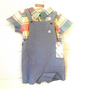 NWT Tommy Bahama Plaid Shirt, Blue Overalls + hat Set for Kids (size 24 months)